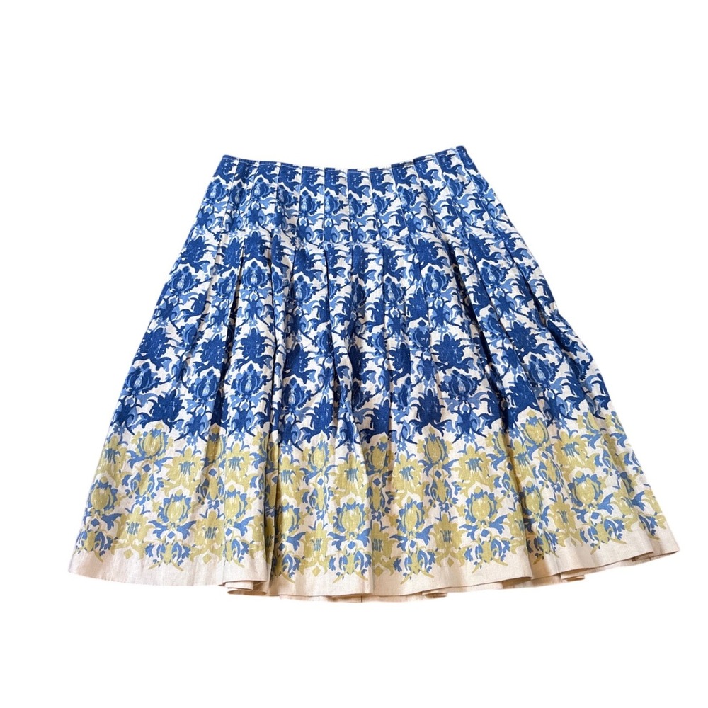 Isda & Co Pleated Skirt Women Blue Floral Damask Linen Boho SIZE 6